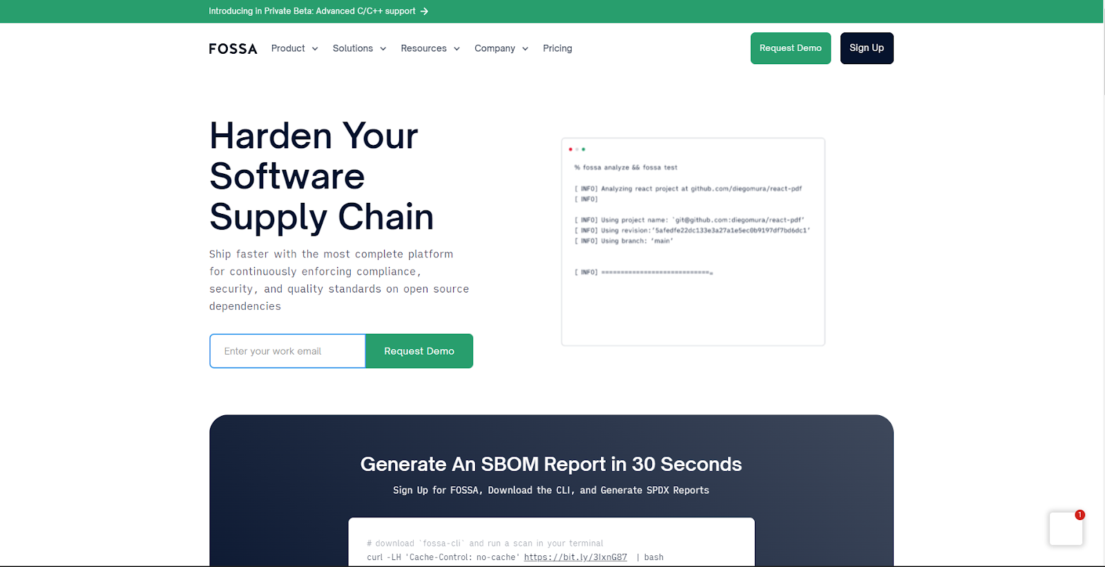 A screenshot of the Fossa landing page.