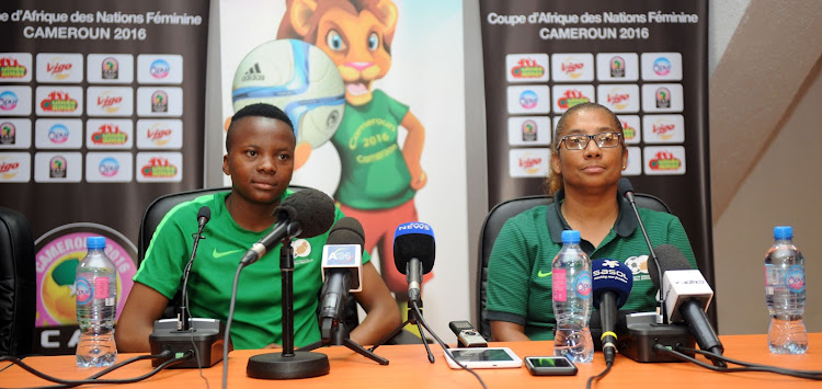 Thembi Kgatlana of South Africa and Desree Ellis coach of South Africa during the Women Africa Cup of Nations South Africa Press Conference 21 November 2016 at Stad de Yaounde.