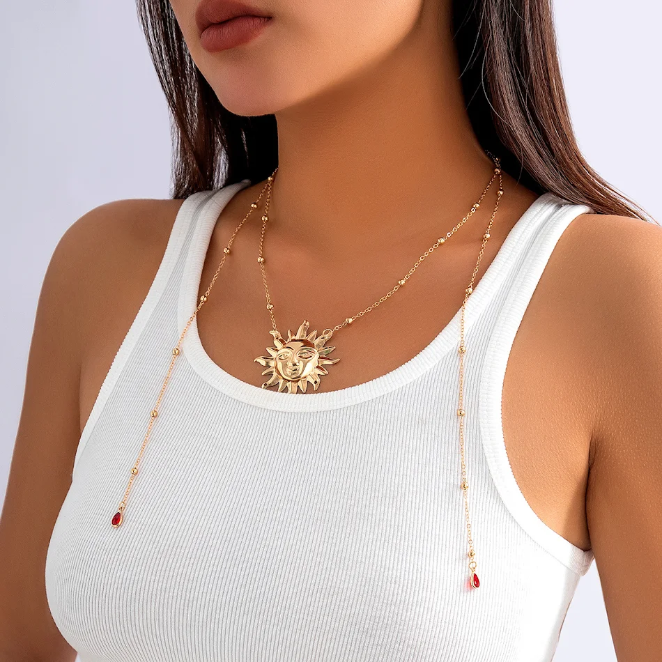 Exagerado Colgante de Sol Collar Vintage con Cadena de Clavícula