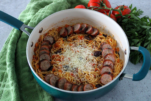 Pam's Fresh Tomato Pasta & Italian Sausage.