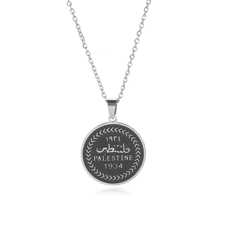 Collier pendentif rond PALESTINE en acier inoxydable 304 poli double face, résistant à la corrosion, design élégant et durable.