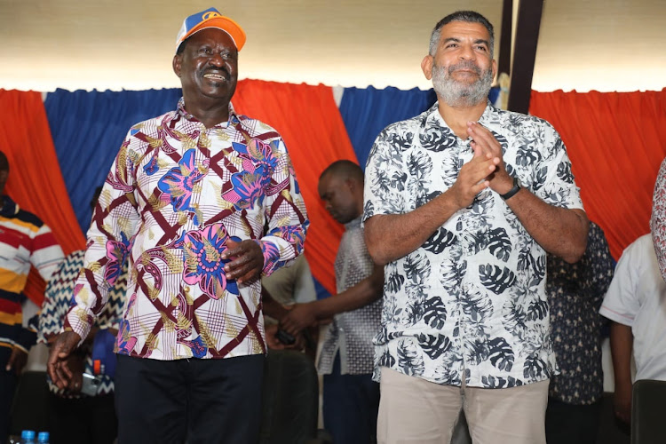 ODM leader Raila Odinga with ODM Mombasa gubernatorial candidate Abdulswamad Nassir.