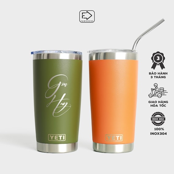 Cốc Giữ Nhiệt Yeti 18Oz Khắc Tên Ly Giữ Nhiệt 550Ml Có Nắp Vỏ Sơn Tĩnh Điện Chống Xước Fan House Tặng Ống Hút, Sticker