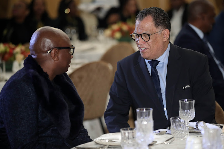 Minister of sport Zizi Kodwa and Safa's Danny Jordaan during the Banyana Banyana squad announcement for the FIFA World Cup in June.