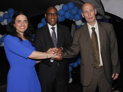 Israel Justice Minister Ayelet Shaked, Industrilisation CS Adem Mohamed and Israel Ambassador Noah Gal Gendler at the 70th Independence celebrations in Nairobi on Wednesday/ Moses Mwangi