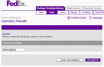 Screen shot of FedEx tracking information