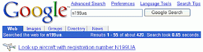 Screen shot of link to FAA aircraft information