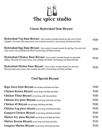 The Spice Studio menu 