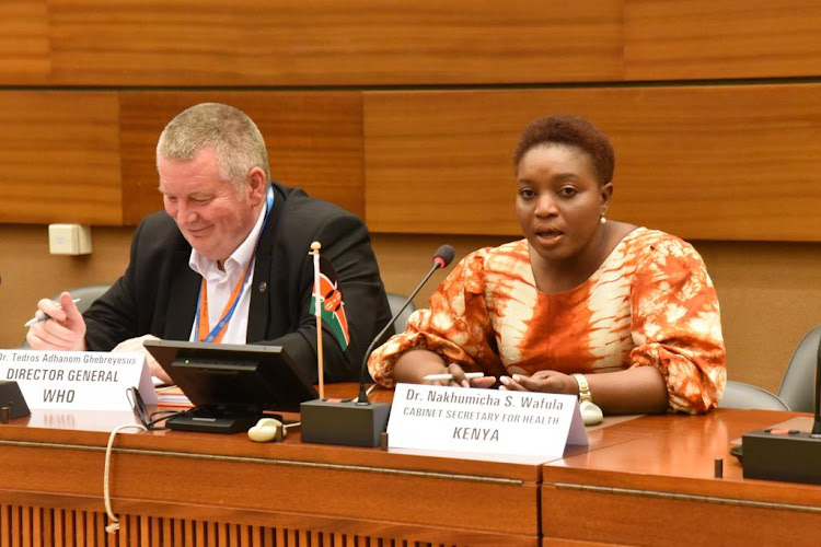 Health CS Susan Wafula speaks during the ongoing 76th World Health Assembly in Geneva, Switzerland