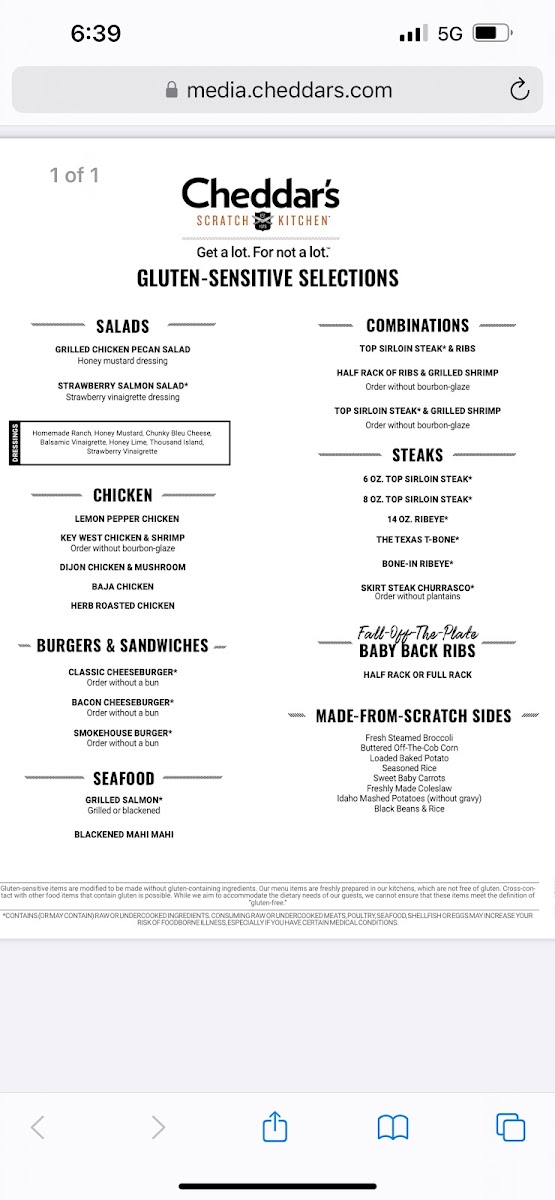 Cheddar's Scratch Kitchen gluten-free menu