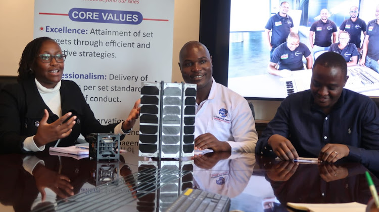 SayariLabs Thermal control subsystem lead Rose Wanjiku, Structures and Mechanisms subsystem lead Captain Aloyce Were and communication subsystem lead Pattem Odhiambo during an exclusive interview with the Star at Kenya Space Agency offices in Nairobi on April 5