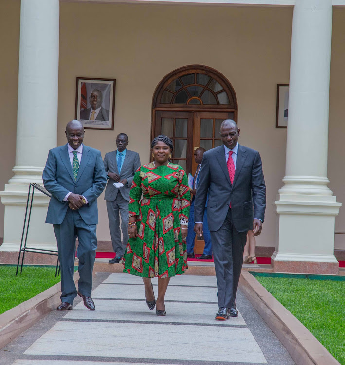 President William Ruto, his Deputy Rigathi Gachagua and Colombia's Vice President Francia Elena Márquez Mina in State House, Nairobi on May 16, 2023