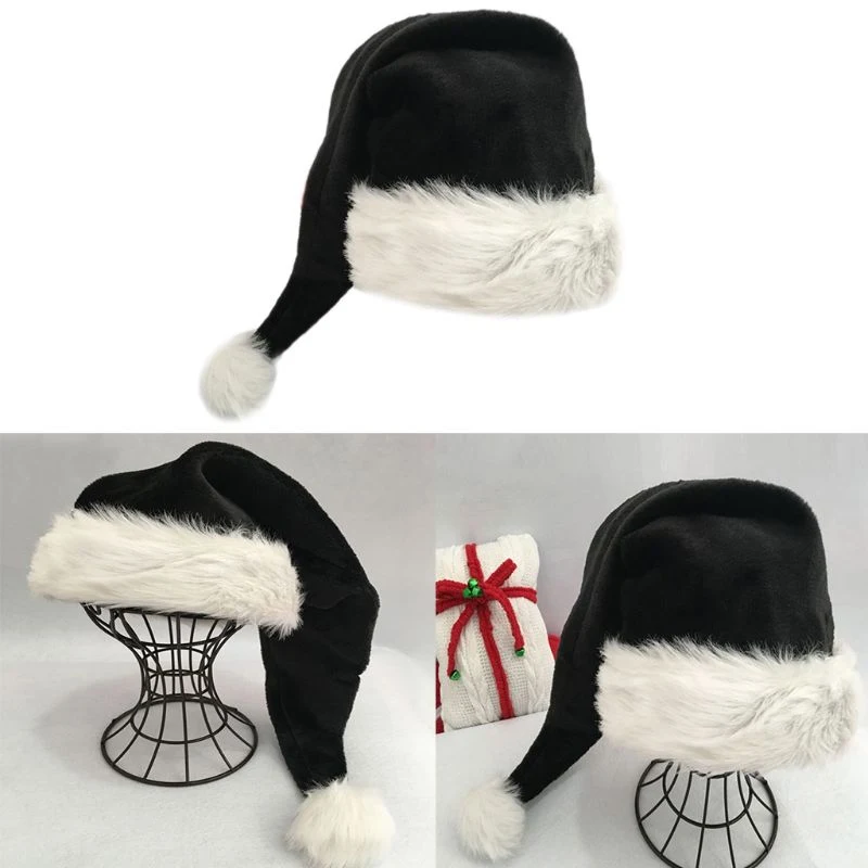 Black Plush Hat Adult Christmas. Soft and comfortable, this hat is perfect for holiday celebrations, parties, and festiv