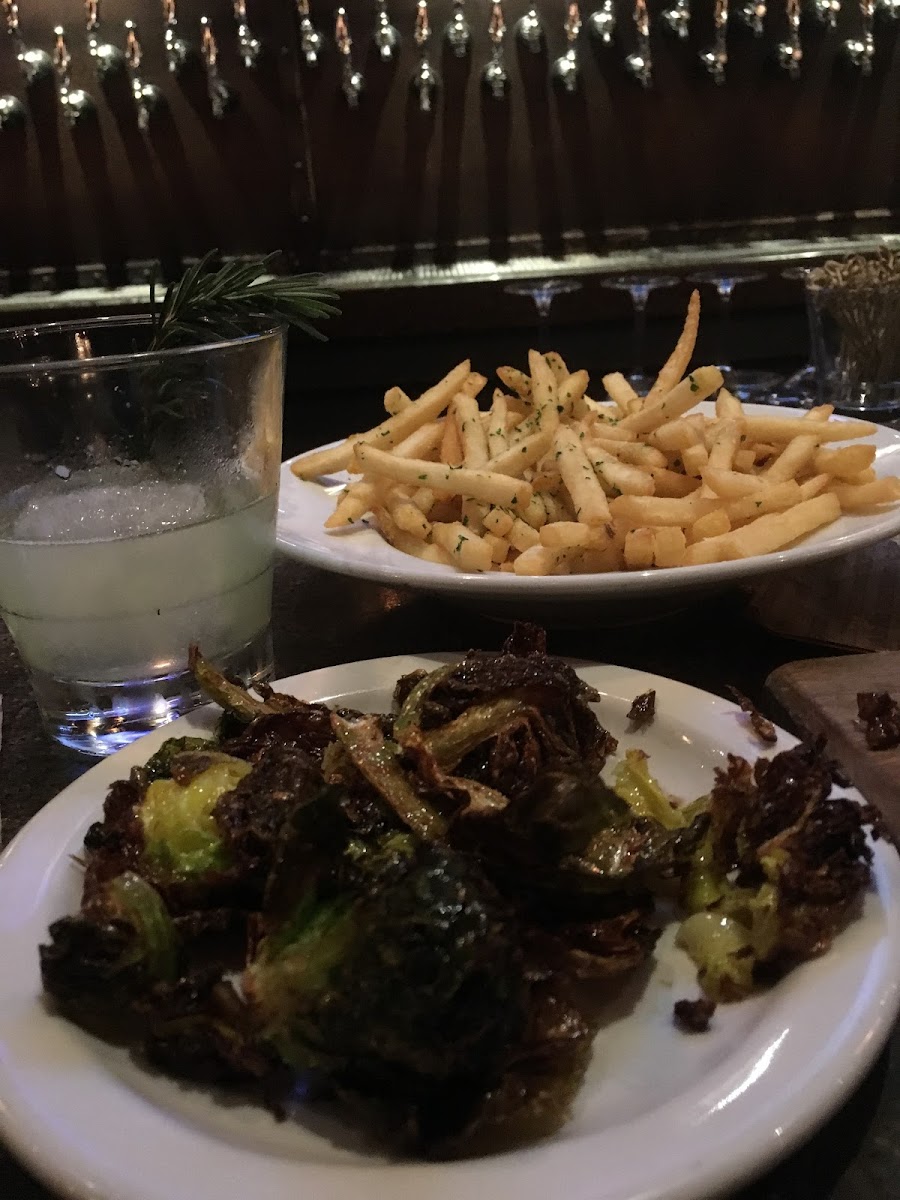 Dedicated fryer for French fries and omg the Brussels sprouts  (they can eliminate the bacon and cheese if you have other allergies like me :)