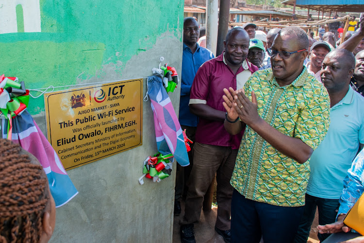 ICT Cabinet Secretary Eliud Owalo during the launch of free public wifi hotspot at Ndori and Ajigo markets in Siaya county on Friday