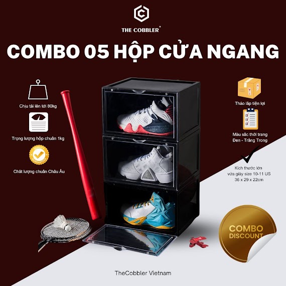 Combo 05 Hộp Đựng Giày Cửa Ngang Cao Cấp Thecobbler Tháo Lắp Tiện Lợi Cửa Kính Nam Châm