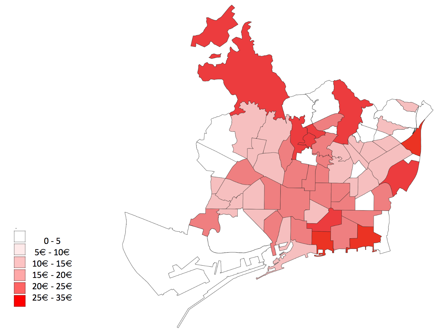 Valors mitjans de la variació de preu de lloguer d'un metre quadrat de local comercial a Barcelona entre el 2021 i el 2022, per barris. 
Font: API.cat