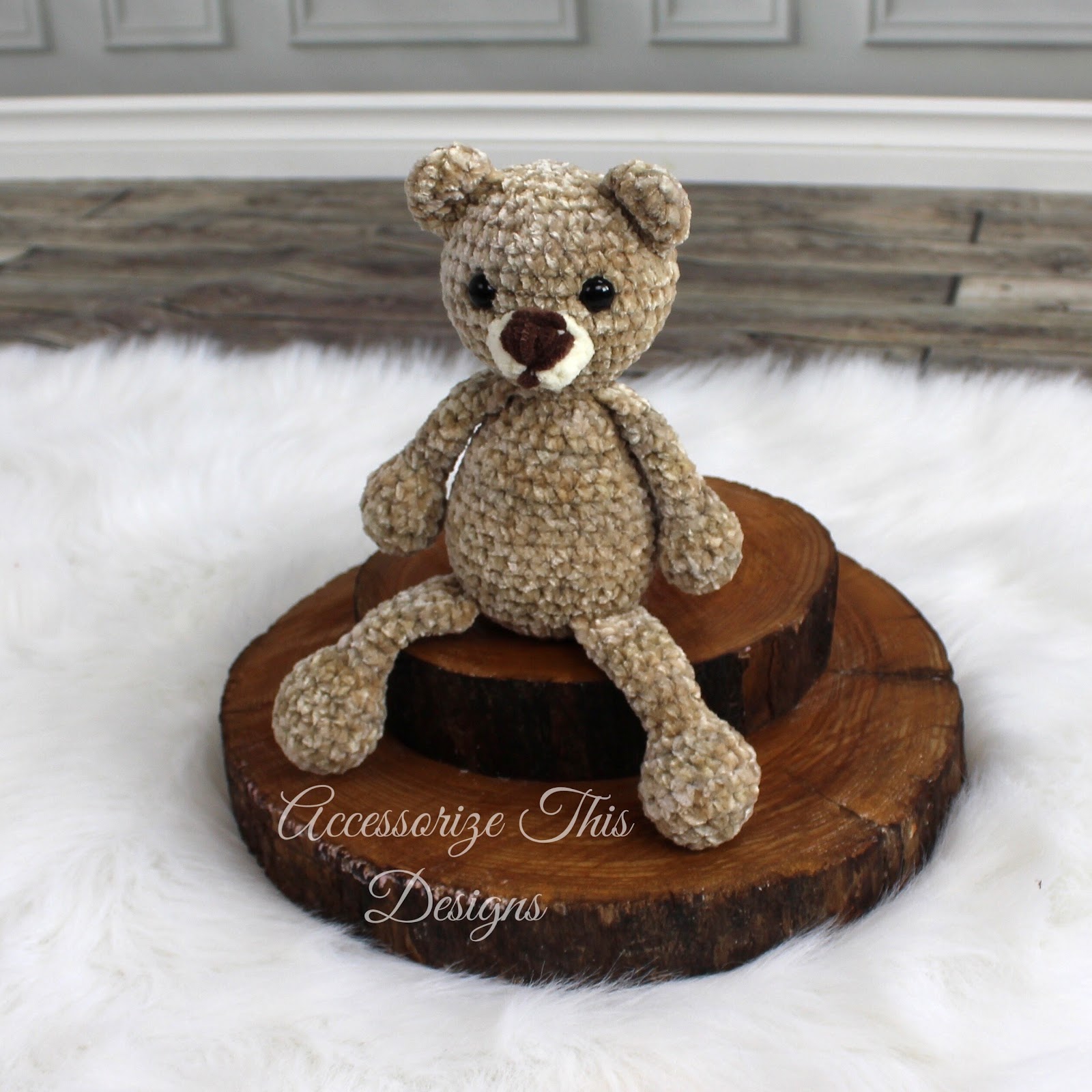 Flip Flop Teddy Bear Crochet Pattern sitting on a stump
