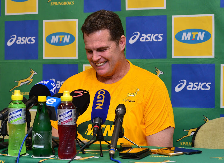 Springboks coach Rassie Erasmus speaks to the media during the The Rugby Championship South Africa squad announcement at Garden Court Umhlanga, Durban on August 16 2018.