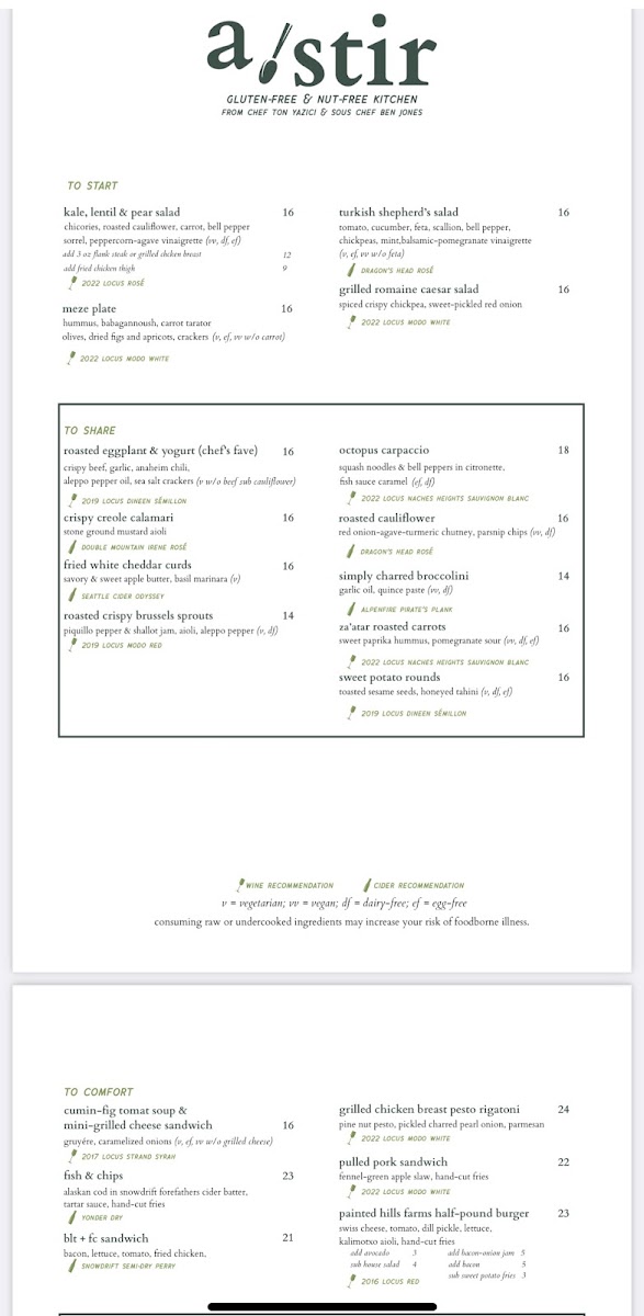 a stir gluten-free menu