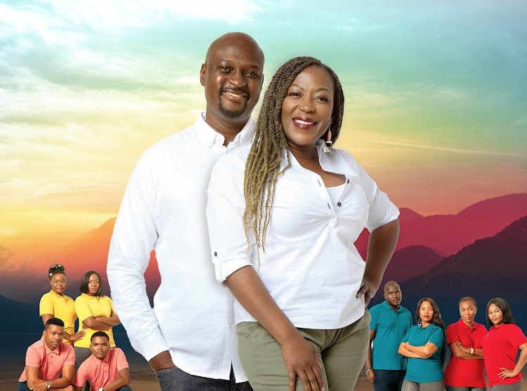 The hosts of 'Away for Repair', actress Rami Chuene and life coach Romeo Mabasa, and the show's contestants.