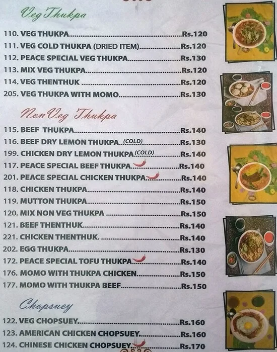 Peace Restaurant menu 