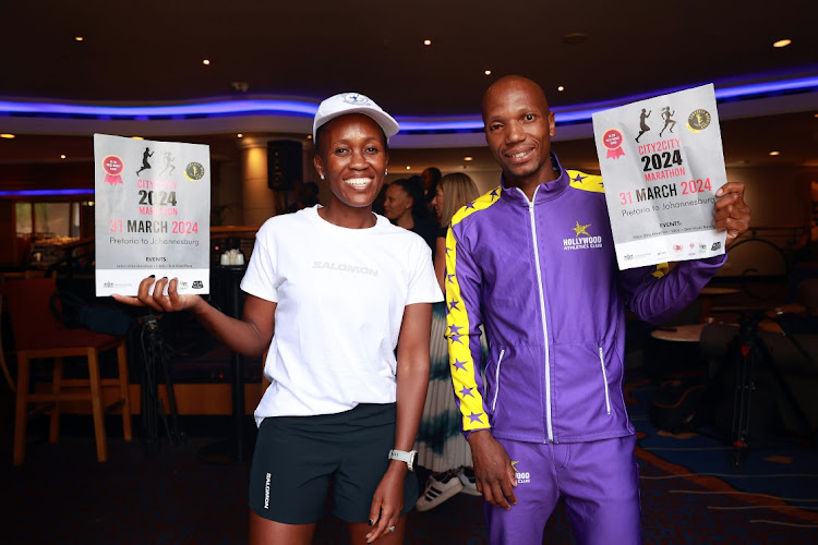 Lizzy Ramadimetja and Sikhumbuzo Seme at the launch of the Premier's Social Cohesion Games and City2City Ultra Marathon at Hilton Hotel Sandton, Johannesburg.