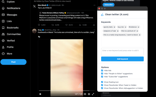 Clean Twitter/X.com (Hide Tweets,Ads,etc)