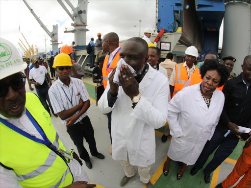 Agricultural CS Willy Bett during a media briefing at the Port of Mombasa when the government received 29,900 tonnes of maize from Mexico, May 12, 2017. /ELKANA JACOB