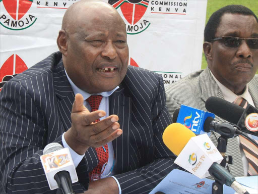 NCIC chairman Francis Kaparo and commissioner Morris Dzoro address the media at Safari Park hotel in Nairobi, May 17, 2017. /JOSEPH NDUNDA