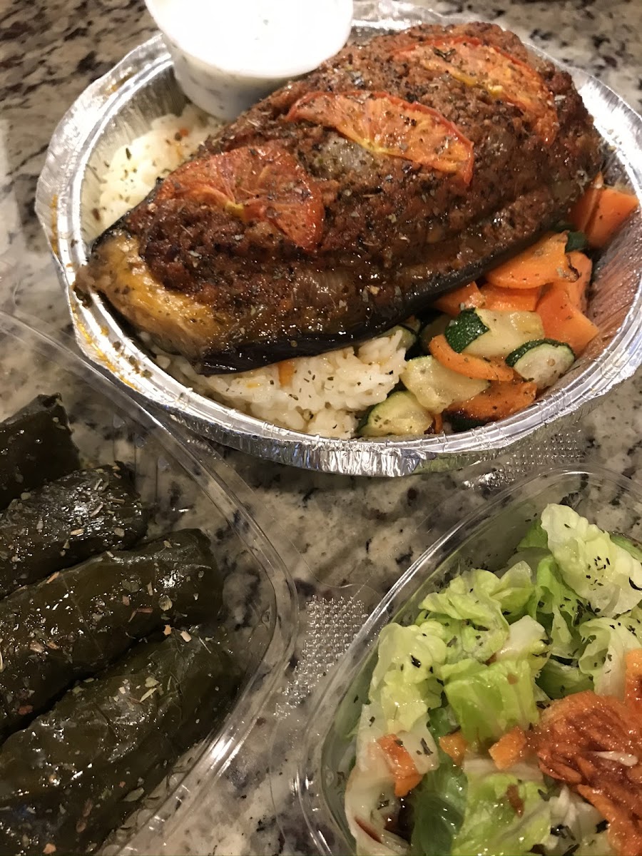 Stuffed eggplant and stuffed grape leaves.