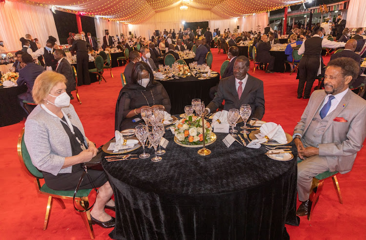 ODM party leader Raila Odinga and Foreign Affairs CS Raychelle Omamo among Kenyan leaders who attended the state banquet for visiting Hungarian President János Áder and his spouse Anita Herczegh at State House, Nairobi on January 17, 2021.