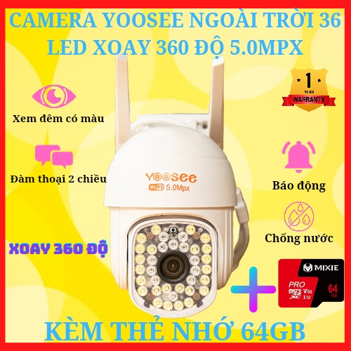 Camera Wifi Yoosee Ngoài Trời 36 Led 5.0Mpx, Xoay 360 Độ, Chống Nước, Hỗ Trợ Xem Đêm Có Màu, Bảo Hành 12 Tháng.