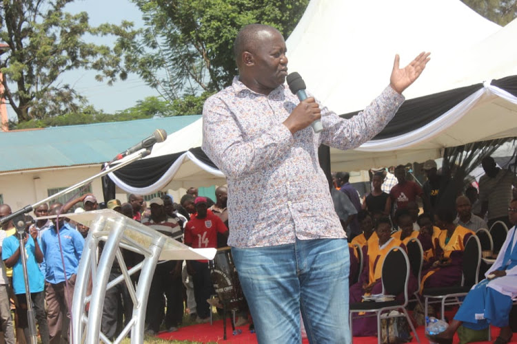 Kisumu senate aspirant Prof Tom Ojienda during a burial at Manyatta in Kisumu Central on Saturday /Maurice Alal