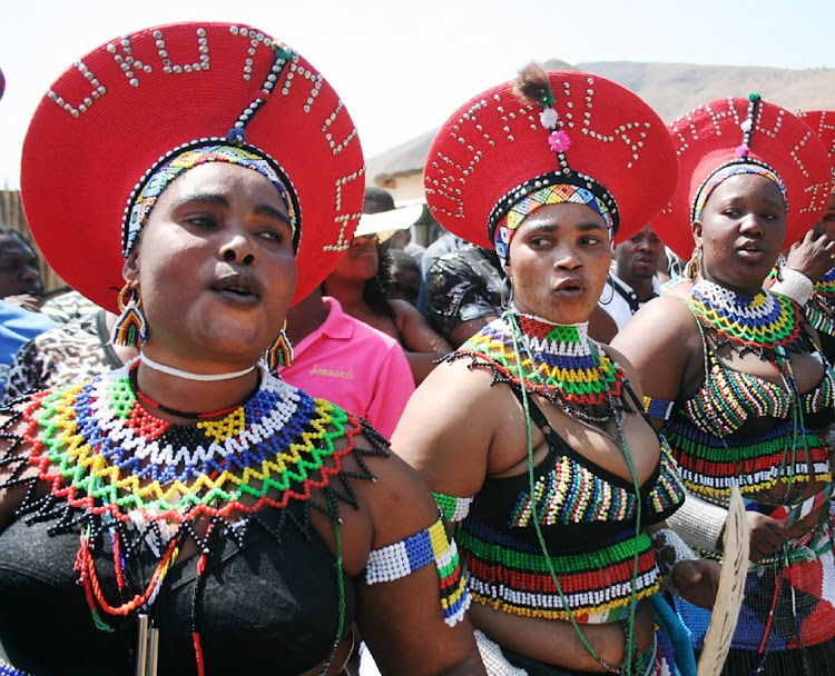 Zulu women dancers performing during a cleansing ceremony of Maskandi artists by King Goodwill Zwelithini in Kwa-Nongoma.