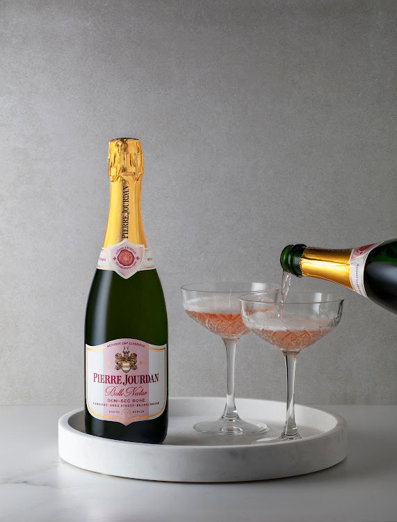 Try the new Pierre Jourdan Belle Nectar demi-sec Méthode Cap Classique rosé wine with dessert.