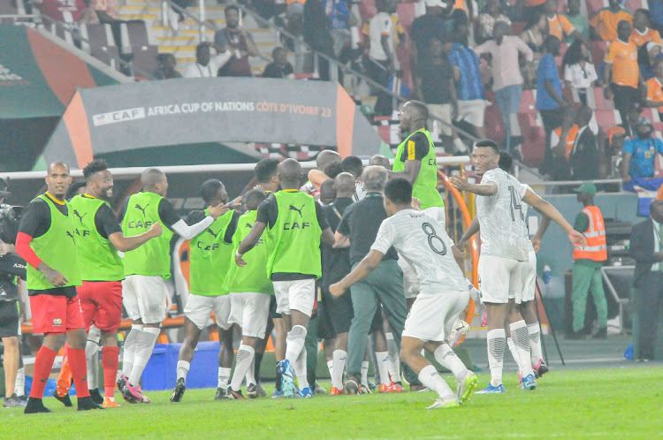 South Africa celebrate victory against Cape Verde during the Total Energies CAF Africa Cup of Nations, quarter final match between Cape Verde and South Africa at Stade Charles Konan Banny on February 03, 2024 in Yamoussoukro, Ivory Coast.