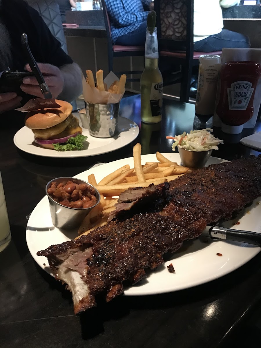 Gluten-free slab of ribs slaw fries and beans