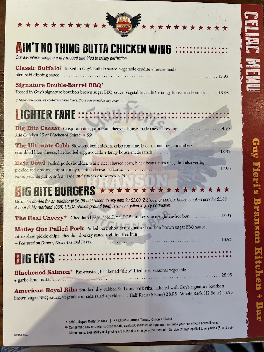 Guy Fieri's Branson Kitchen + Bar gluten-free menu