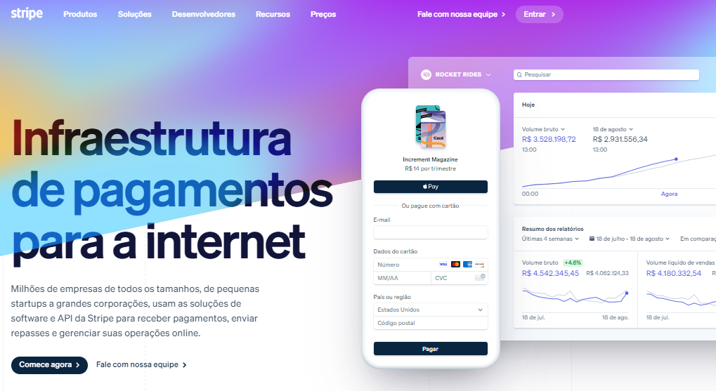 Página inicial da ferramenta de pagamentos online Stripe