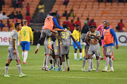 Petro de Luanda players celebrates during the CAF Champions League match against Mamelodi Sundowns at FNB Stadium on April 23.