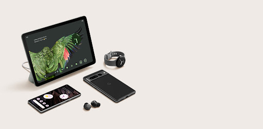 A display of the Pixel Tablet, Pixel 7a, a pair of Pixel Buds Pro and the Pixel Watch