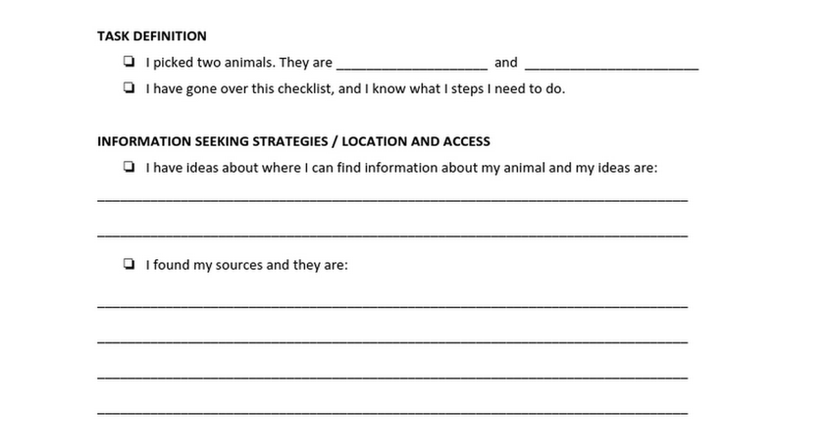 Copy of Checklist for Alaskan Animal BIG6 Research Project