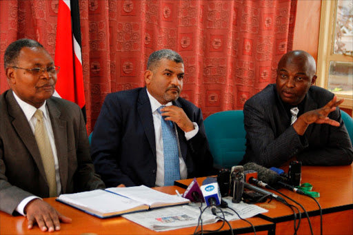 Wundanyi MP Thomas Mwadegu with Mvita MP Abdulswamad Nassir and Kiharu's Irungu Kangata during a press conference where they disagreed with a court ruling onformation on Gay NGO's. Photo/Monicah Mwangi