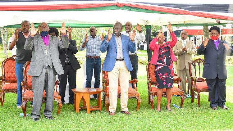 Deputy President William Ruto during a prayer meeting with association of Bishops from Rift Valley led by Bishop Eliud Karanja of WorldWide Church, Sugoi, Uasin Gishu County.