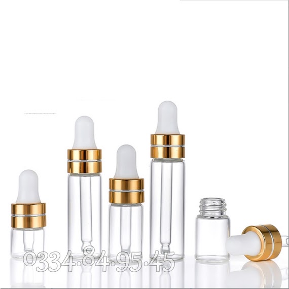 Chai Thủy Tinh Mỏng Thân Trong Nắp Bóp Vàng 1Ml 3Ml 5Ml - Lọ Đựng Serum, Chiết Tinh Dầu, Mỹ Phẩm Du Lịch.