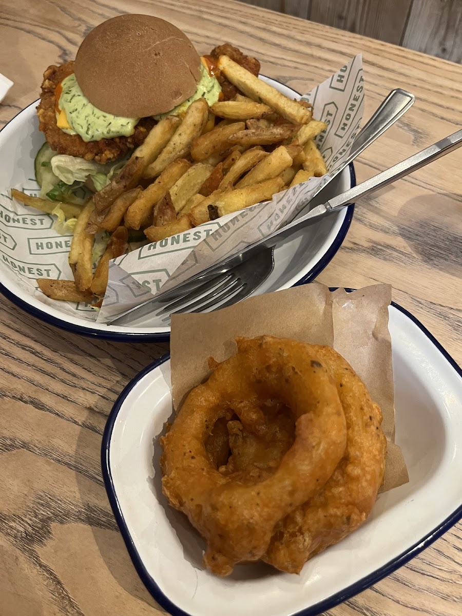 Small onion rings, buffalo chicken burger with fries.