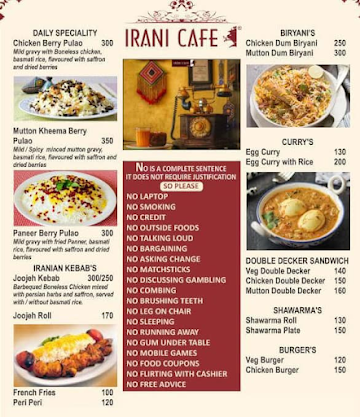 Irani Cafe menu 