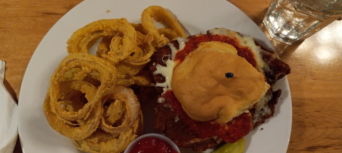 Chicken parm sub with onion rings