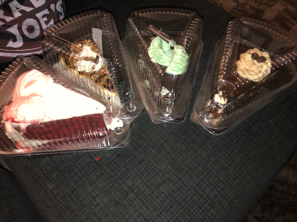 red velvet cake, andes mint cake, turtle chessecake, and espresso cake